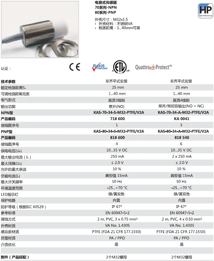 瑞奇能 KAS-70-34-S-M32-PTFE/V2A 产品编码：718600 电容式接近开关-产品手册