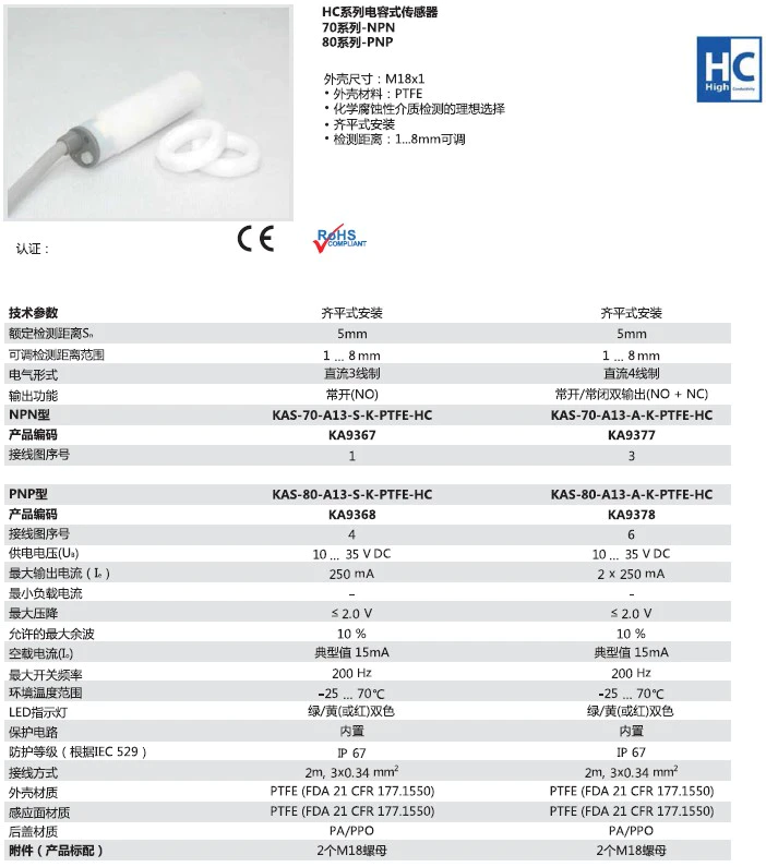 瑞奇能 KAS-80-A13-A-K-PTFE-HC 产品编码：KA9378 电容式接近开关-产品手册