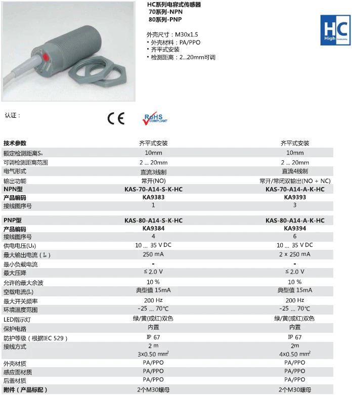 瑞奇能 KAS-70-A14-A-K-HC 产品编码：KA9393 电容式接近开关-产品手册