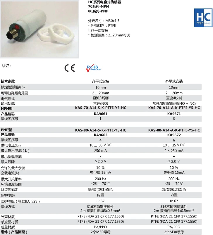 瑞奇能 KAS-70-A14-S-K-PTFE-Y5-HC 产品编码：KA9661 电容式接近开关-产品手册