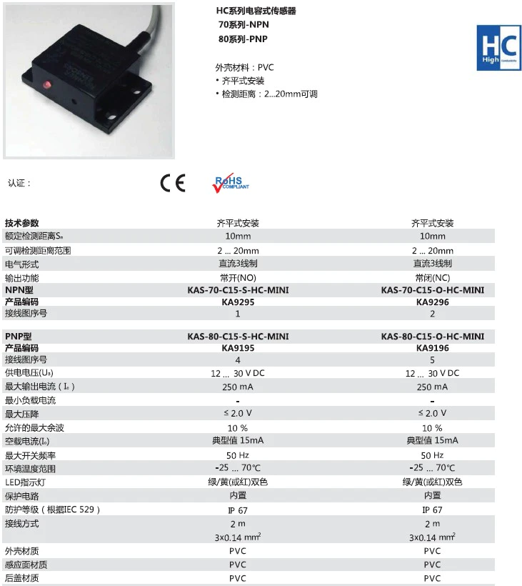 瑞奇能 KAS-70-C15-O-HC-MINI 产品编码：KA9296 电容式接近开关-产品手册