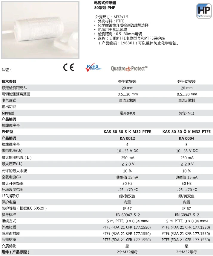 瑞奇能 KAS-80-30-S-K-M32-PTFE 产品编码：KA0012 电容式接近开关-产品手册