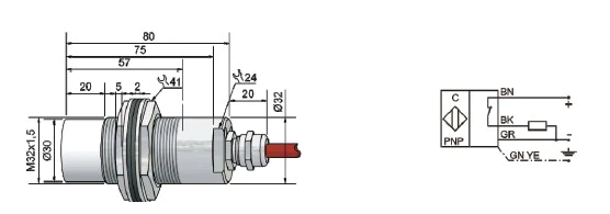 瑞奇能 KAS-80-35-O-M32-PTFE/Ms-Pg9 产品编码：822024 电容式接近开关-尺寸图