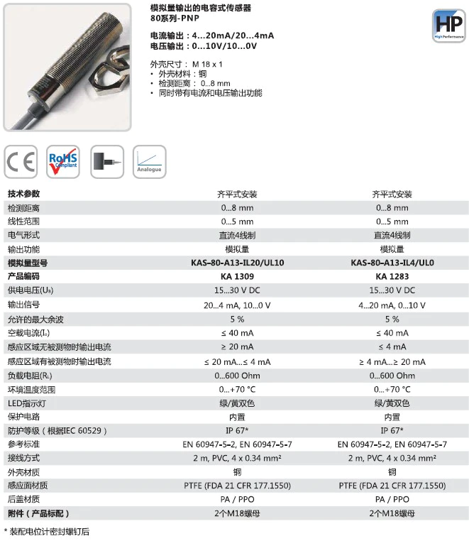 瑞奇能 KAS-80-A13-IL20/UL10 产品编码：KA1309 电容式接近开关-产品手册