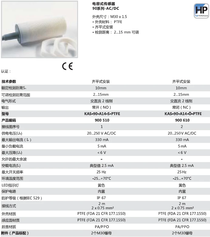 瑞奇能 KAS-90-A14-S-PTFE 产品编码：900510 电容式接近开关-产品手册