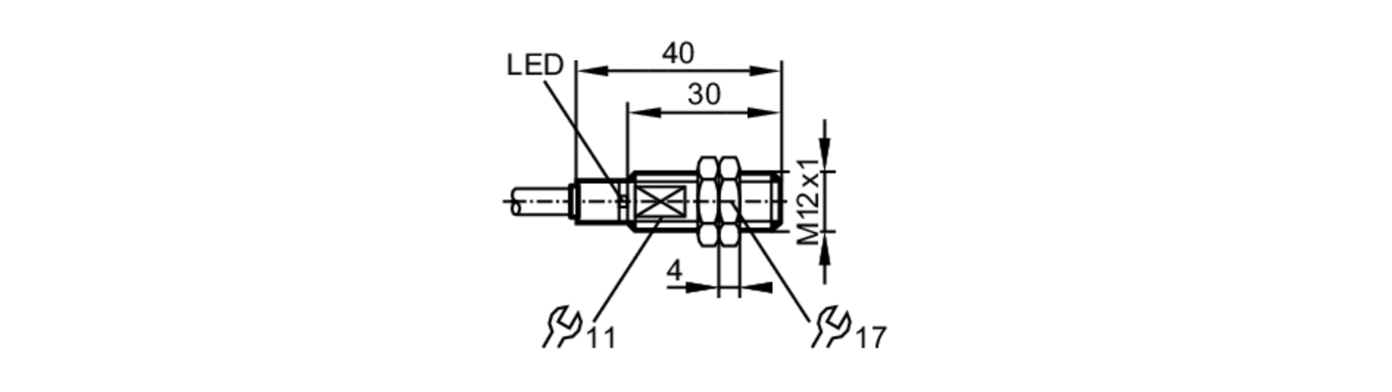 易福门电感式接近开关 IFR204 订货号：IFB2004BARKG/AM/SC/3,0M/2LED-尺寸图