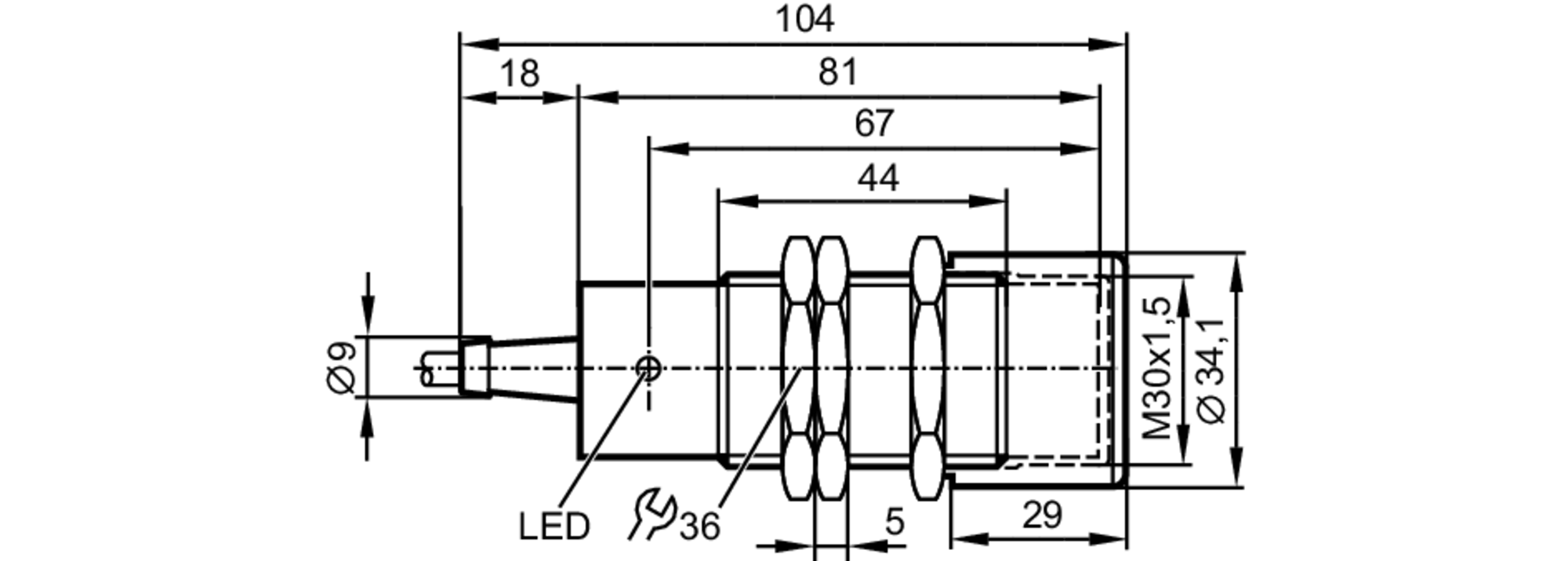 易福门电感式接近开关 II001A 订货号：IIA2015-ABOA/6M/3D-尺寸图