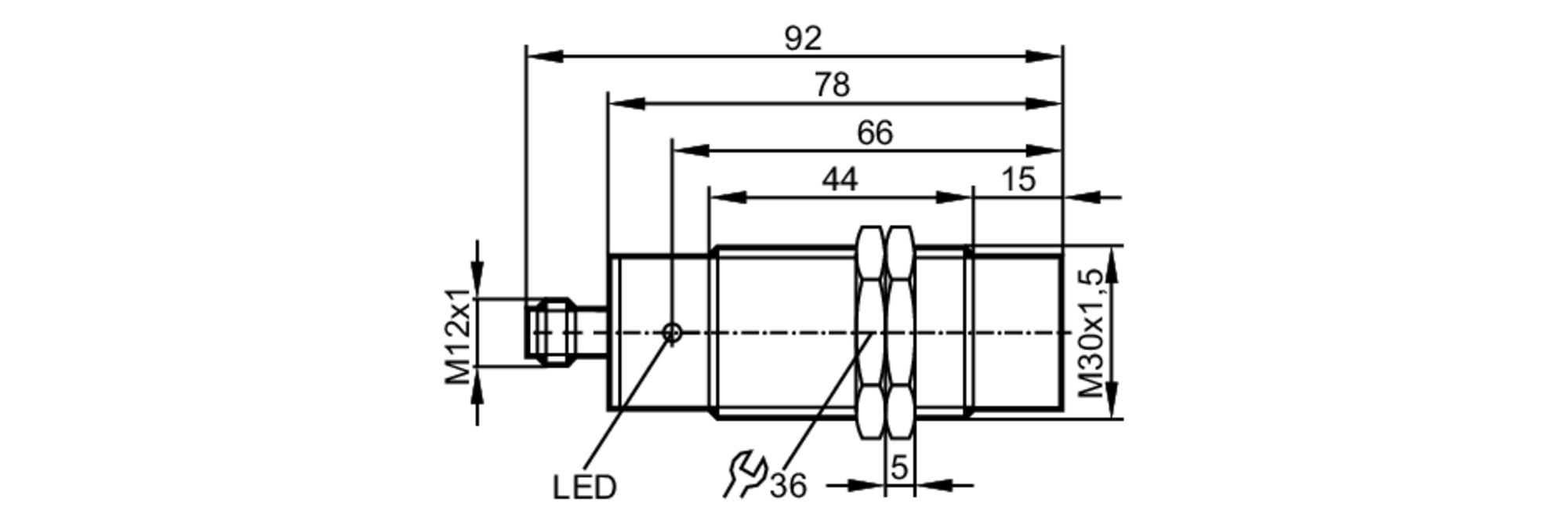 易福门电感式接近开关 II5857 订货号：IIA3015-APKG/V2A/US-100-尺寸图