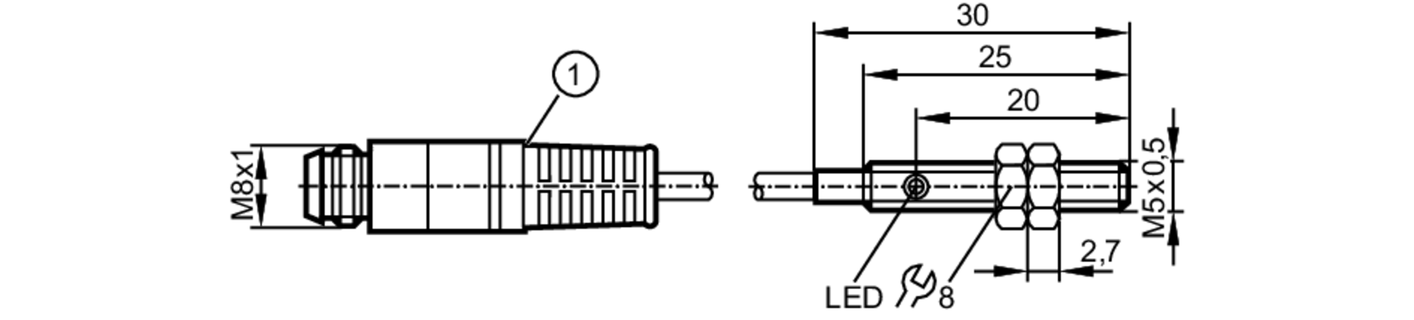 易福门电感式接近开关 IY5047 订货号：IYB30,8-BPKG/V2A/0,3M/AS-610-尺寸图