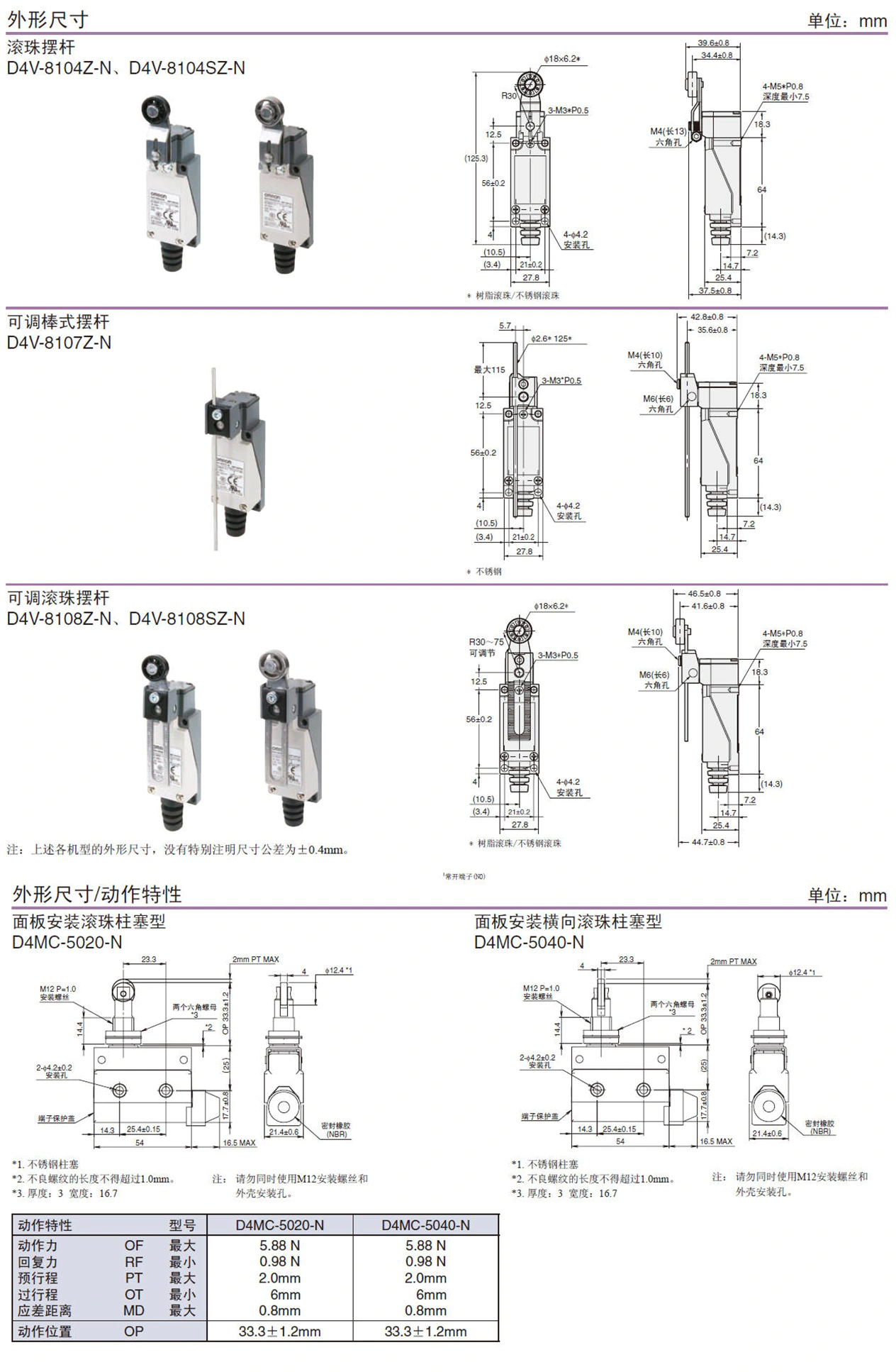 D4V-N D4MC-N 面向中国市场的小型限位开关-尺寸图