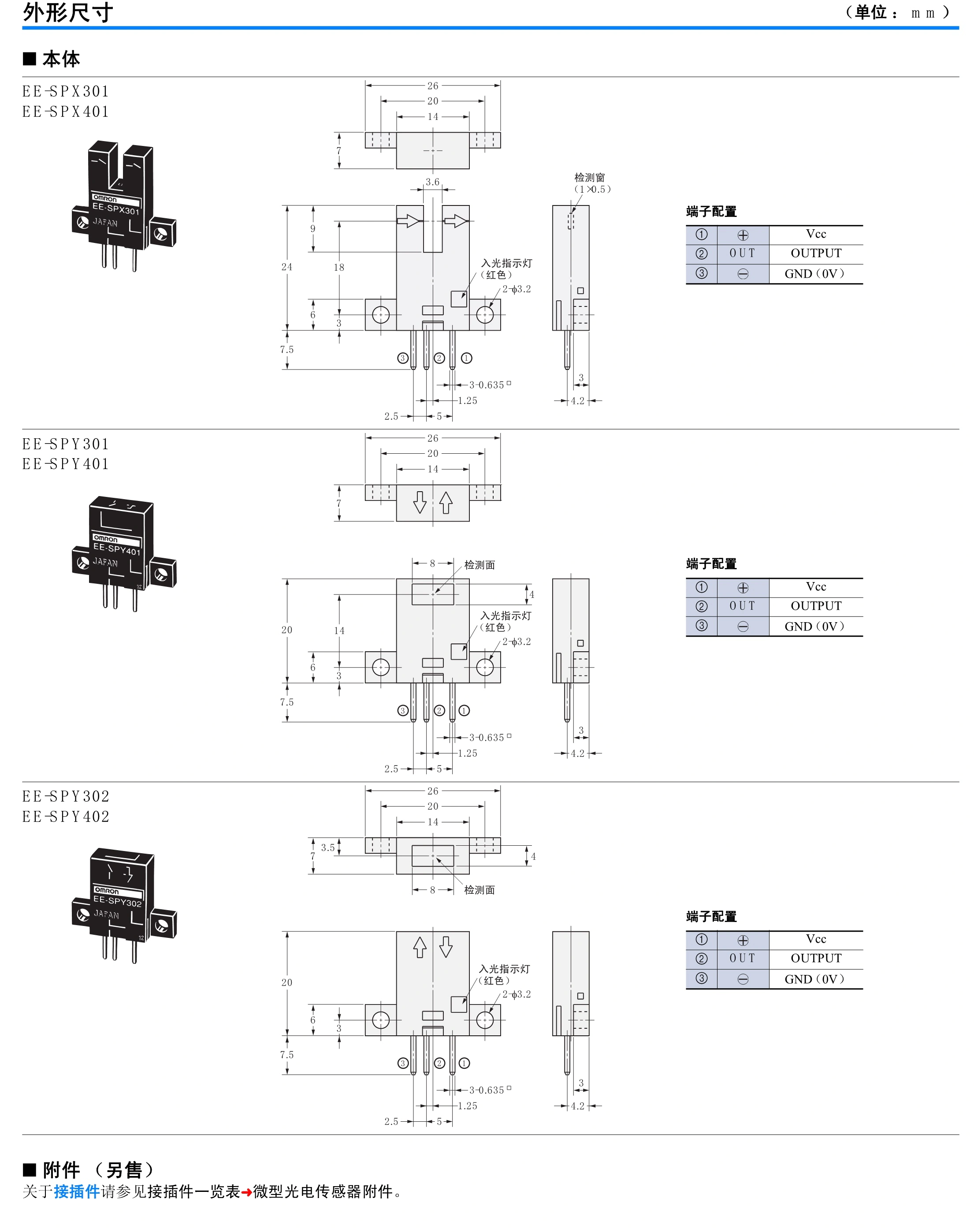 EE-SPX301 / 401, EE-SPY30 / 40 凹槽型· 反射型接插件型-尺寸图